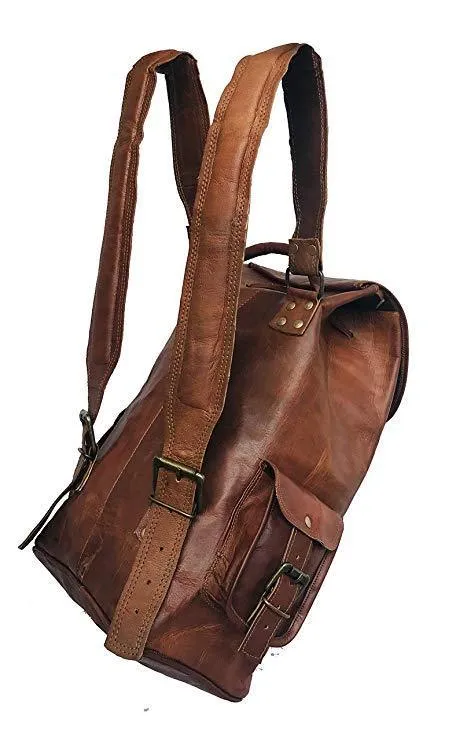 24'' Genuine Leather Vintage Handmade Casual College Day-Pack Cross Body Messenger Laptop Backpack Travel Rucksack