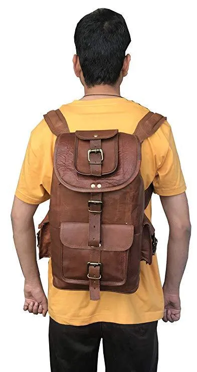 24'' Genuine Leather Vintage Handmade Casual College Day-Pack Cross Body Messenger Laptop Backpack Travel Rucksack