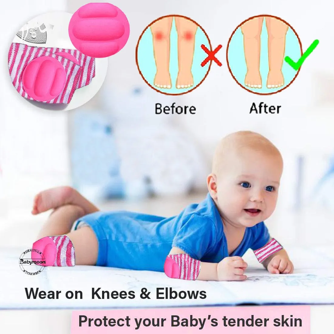 Babymoon Kids Padded Knee Pads for Crawling, Anti-Slip Stretchable Cotton - Grey