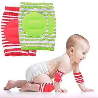 Babymoon Kids Padded Knee Pads for Crawling, Anti-Slip Stretchable Cotton Pack of 2 - Red & Green