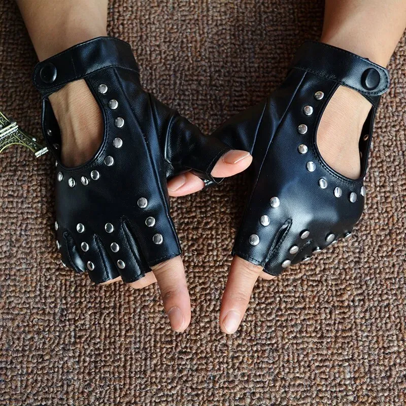 Black Pu Leather Half Finger Gloves for Women