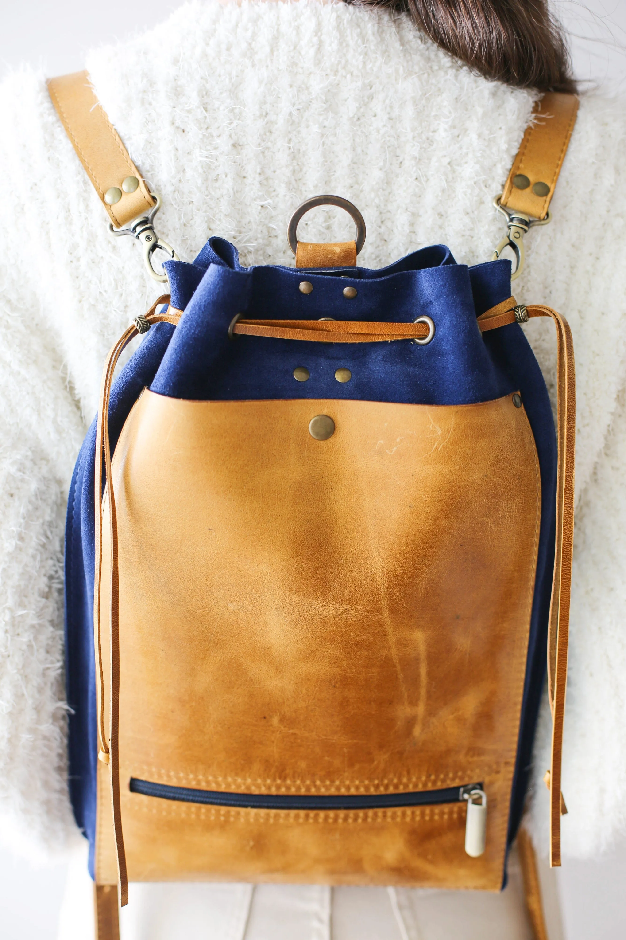 Blue Leather Backpack Purse (dual color)