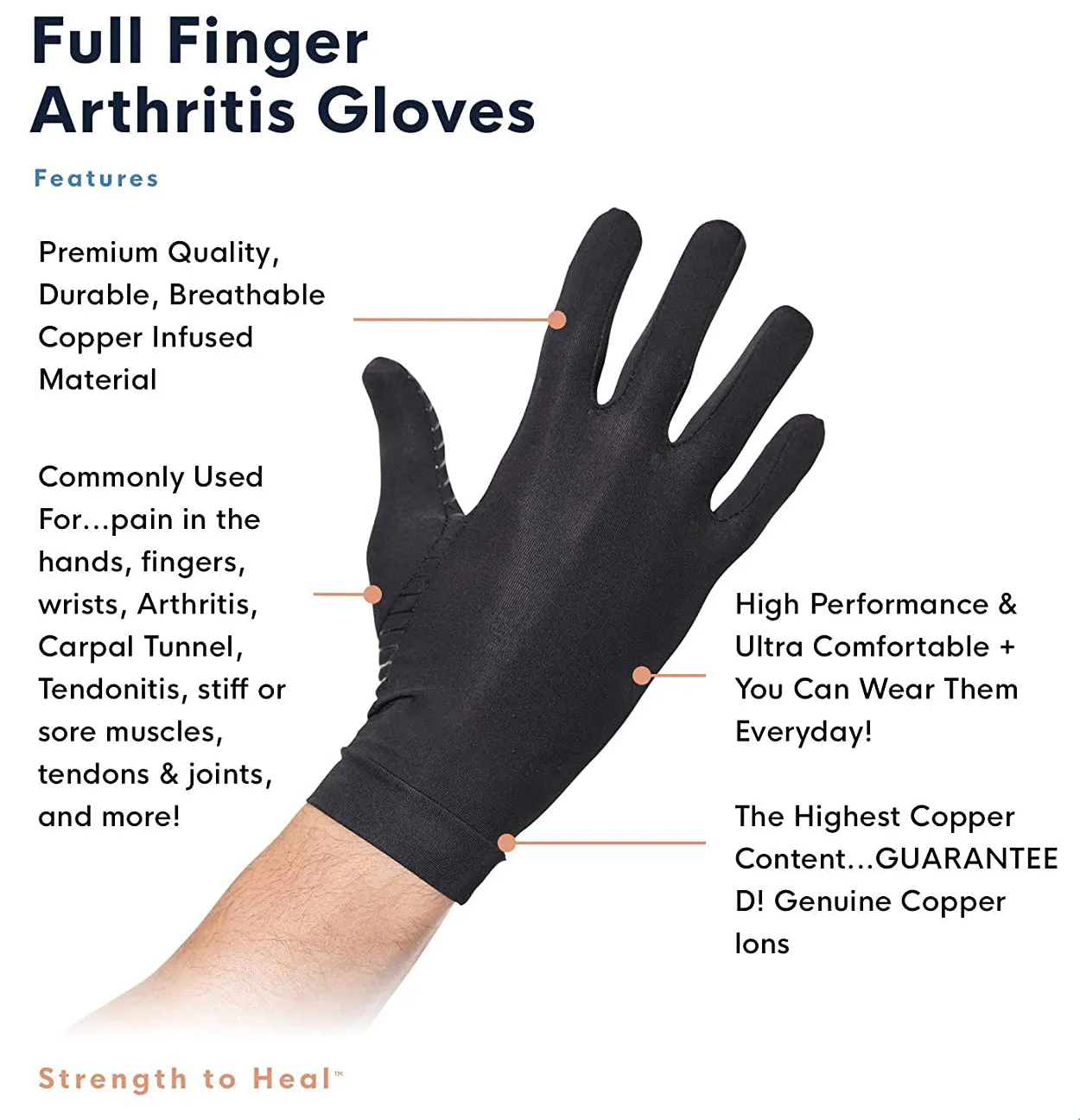 Copper Compression Full Finger Arthritis Gloves. Copper Provides Added Protection. Best Copper Glove for Carpal Tunnel, Typing, Fit for Men & Women