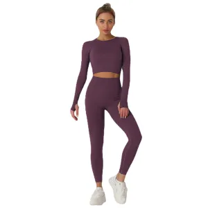 European and American Knitted Solid Color Seamless Long-Sleeved Trousers Yoga Suit Sports Fitness Two-Piece Set