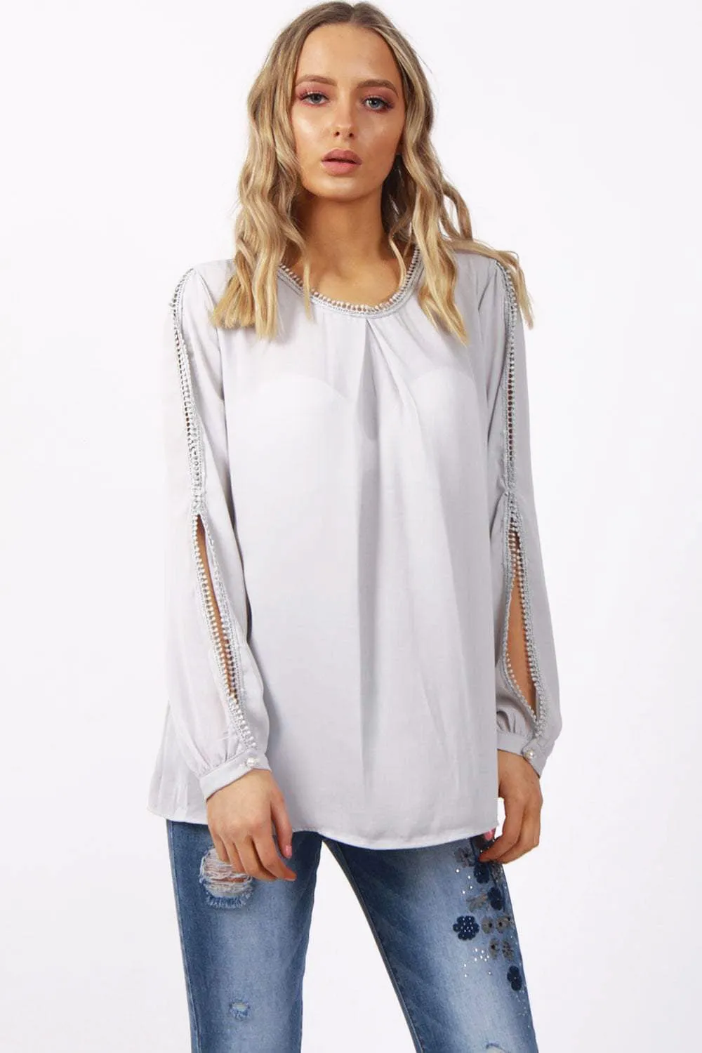 Lace Trim Split Arm Detail Floaty Blouse Top