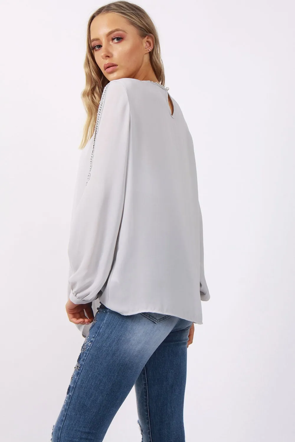 Lace Trim Split Arm Detail Floaty Blouse Top