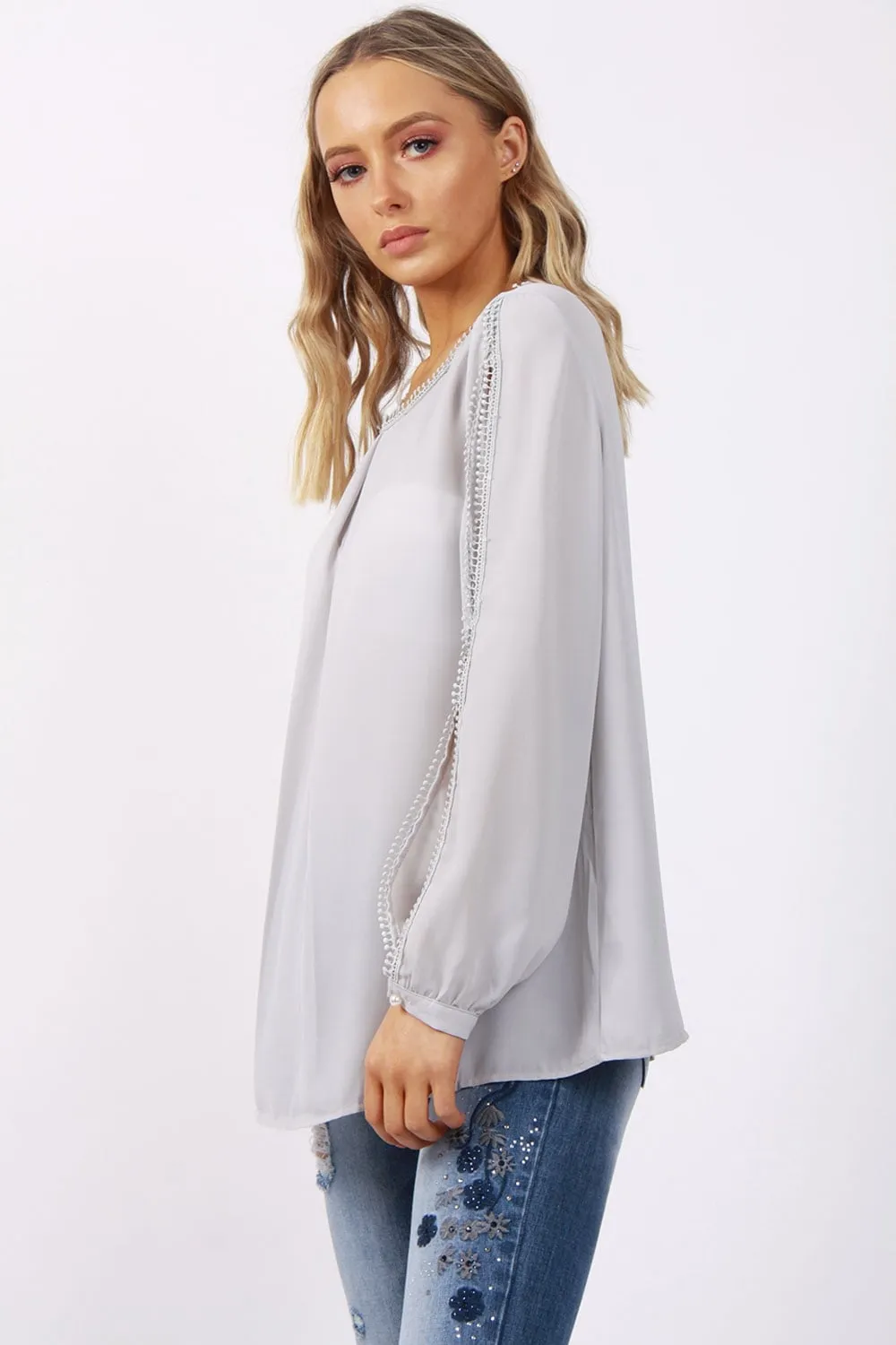 Lace Trim Split Arm Detail Floaty Blouse Top