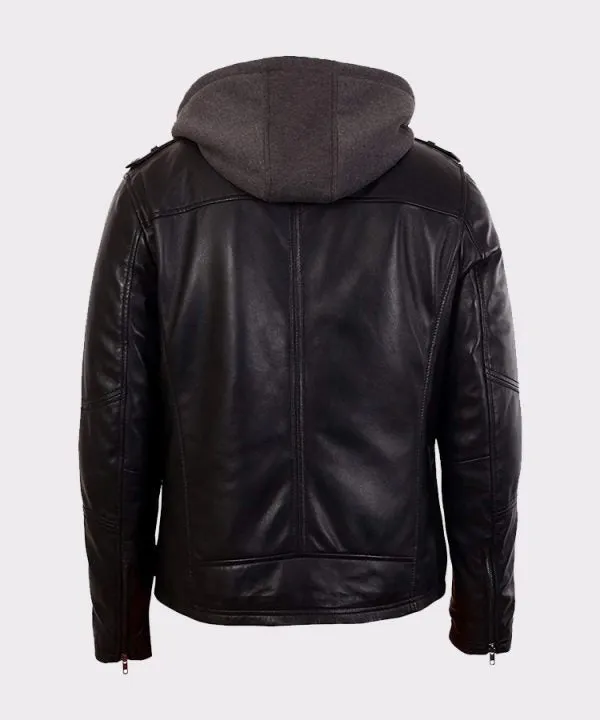 Mens Black Bomber Lambskin Real Leather Jacket with Hood