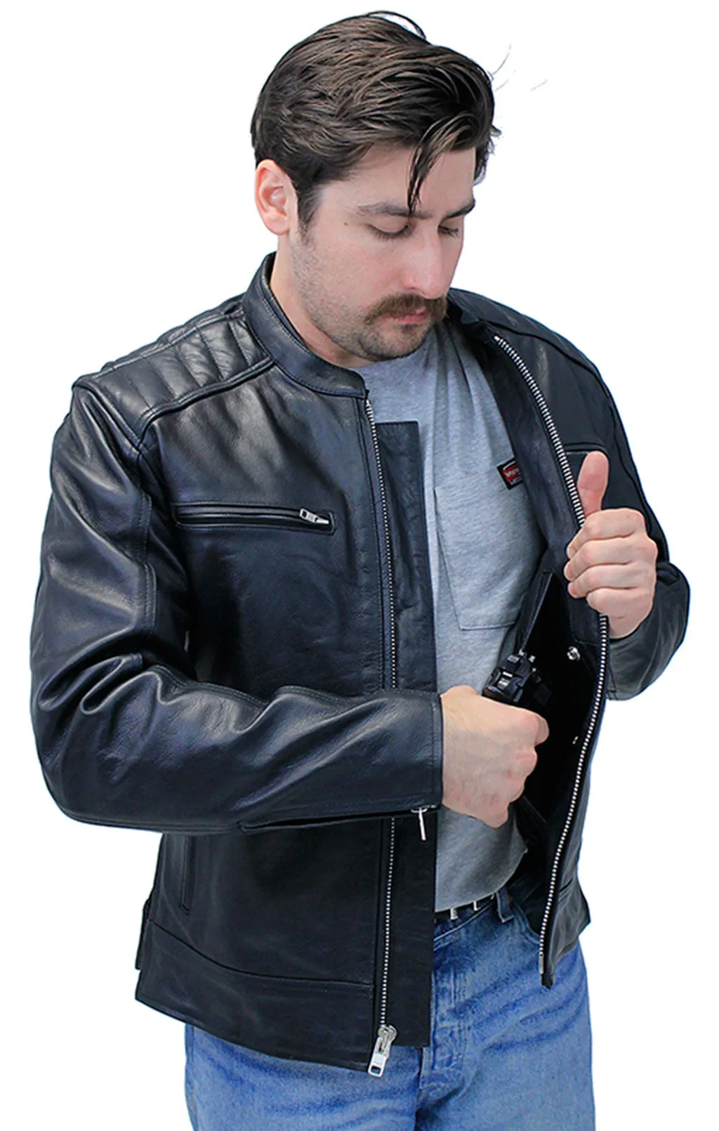 Men's Ribbed Shoulder Leather Motorcycle Jacket #M5760GQZK ()