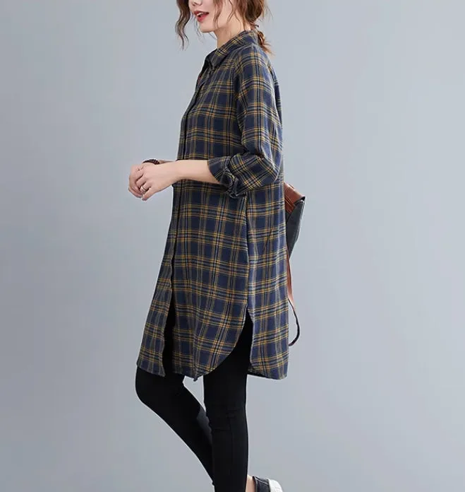 Mid-Length Plaid Women Shirt, Long Sleeve Spring Loose Fit Vintage Cardigan Shirt 9350