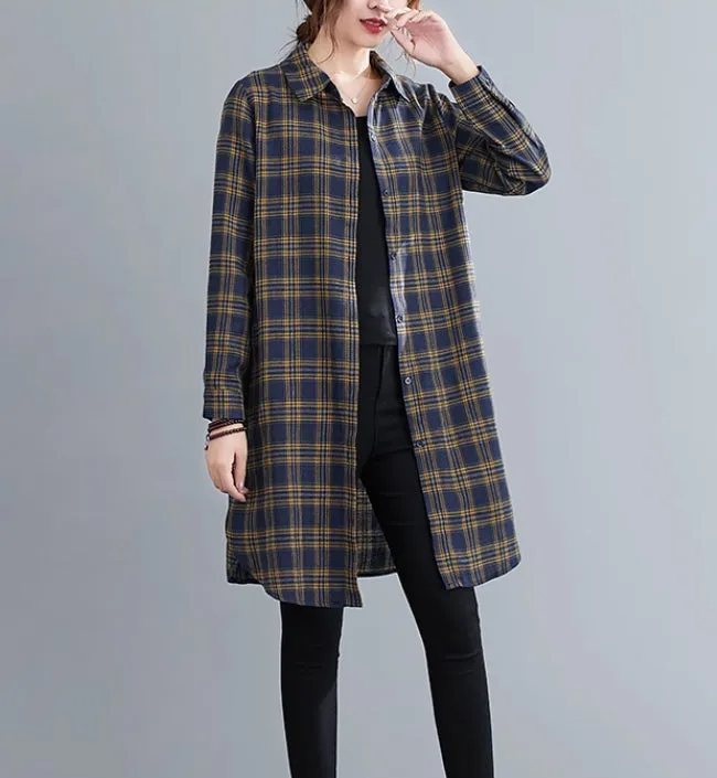 Mid-Length Plaid Women Shirt, Long Sleeve Spring Loose Fit Vintage Cardigan Shirt 9350