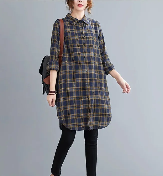 Mid-Length Plaid Women Shirt, Long Sleeve Spring Loose Fit Vintage Cardigan Shirt 9350