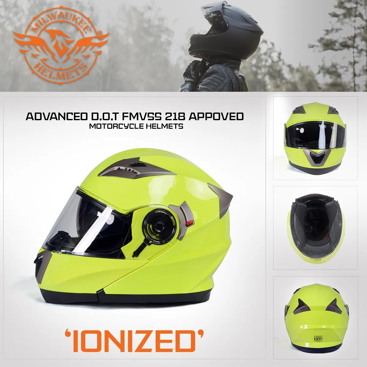 Milwaukee Helmets MPH9809DOT 'Ionized' Neon Yellow Advanced Motorcycle