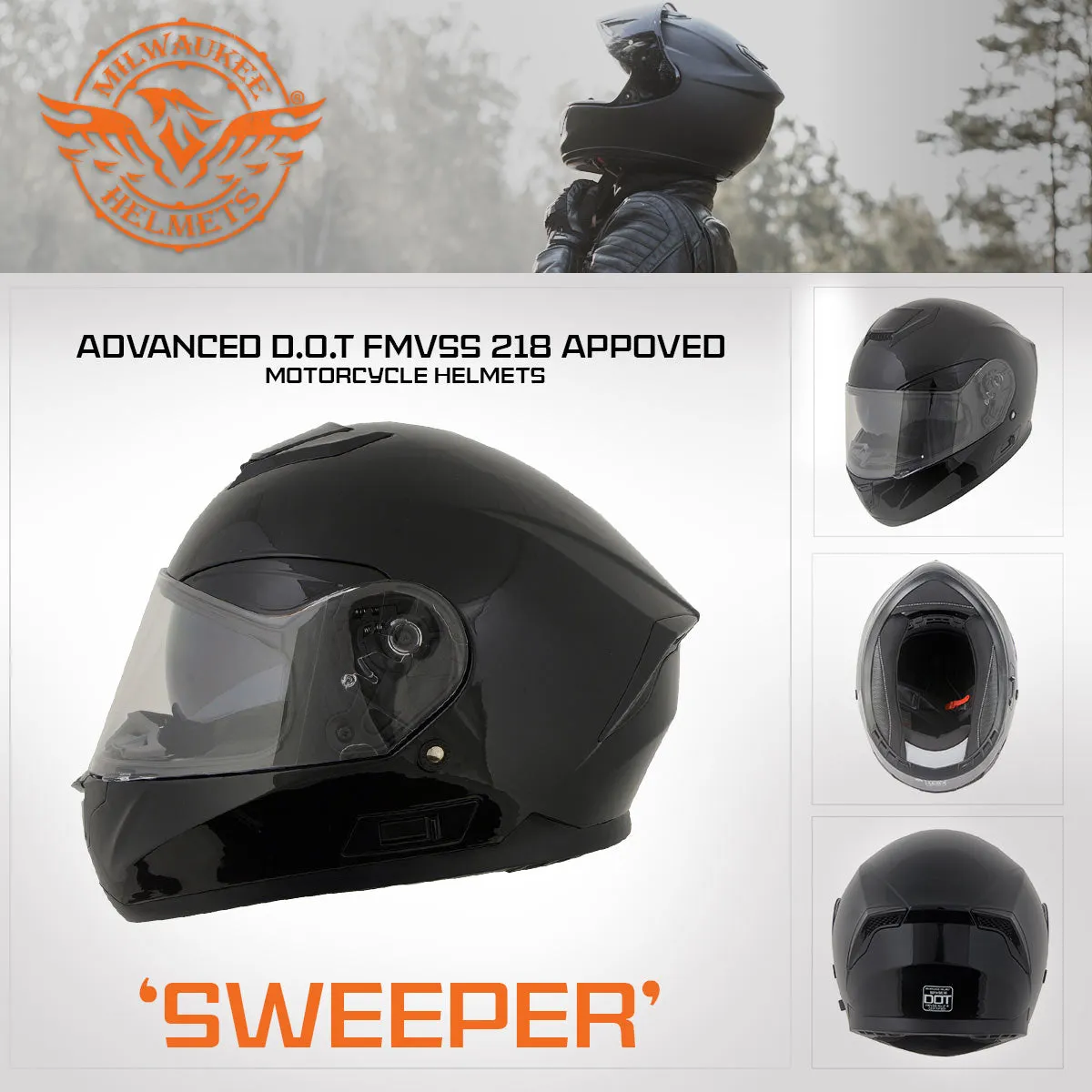 Milwaukee Helmets MPH9836DOT 'Sweeper' Gloss Black Advanced Motorcycle