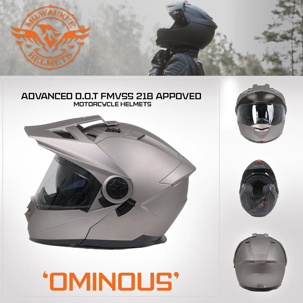 Milwaukee Helmets Silver Ominous Dual Sport Advanced Motorcycle