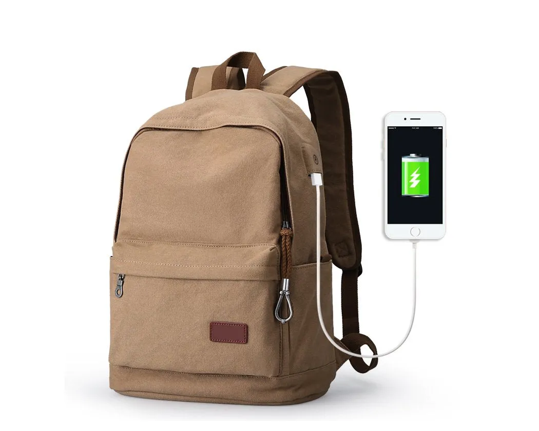 Plain Color Water Resistant Canvas Backpack with USB port - Khaki