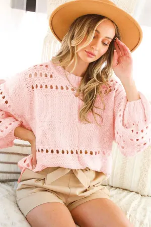 Round Neck Balloon Long-Sleeve Open-Knit Sweater