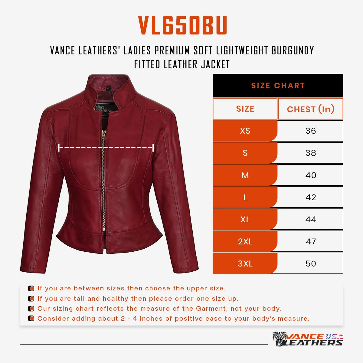 VL650Bu Vance Leathers' Ladies Premium Soft Lightweight Burgundy Fitted Leather Jacket